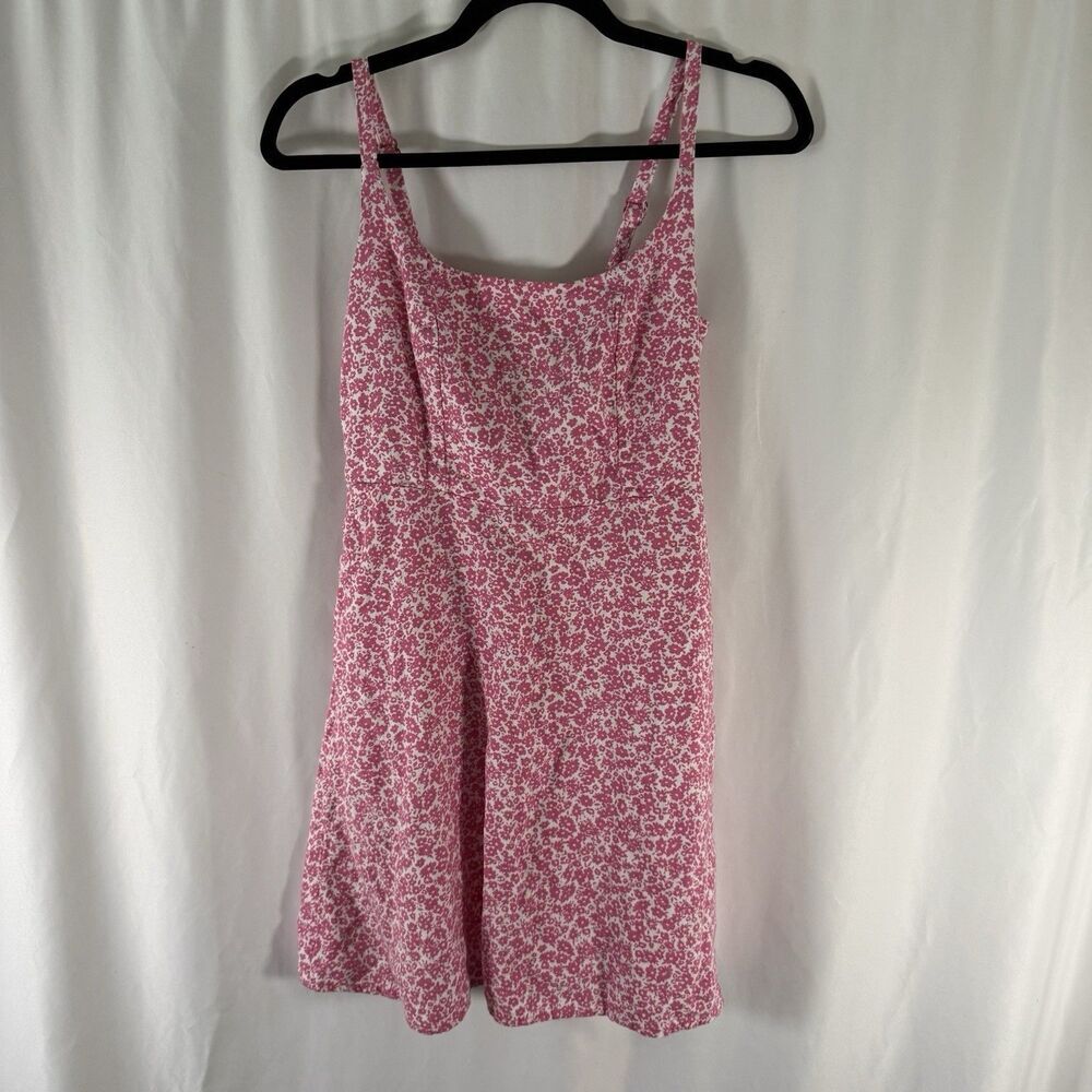 Old Navy Linen Blend Mini Dress Women's XS Pink Floral Pockets Adjustable Straps